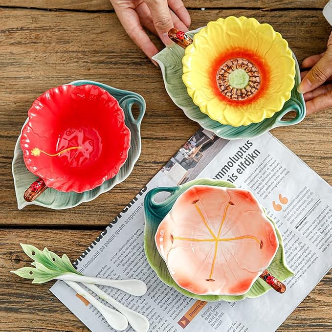 WAYUTO 3D Ceramic Coffee Mug and Saucer Set with Spoon Flower Leaf Coffee Mug Tea Cup with Decorative Handle Vintage Floral Drinking Cups Unique Gifts for Birthday Wedding Christmas 6oz Red