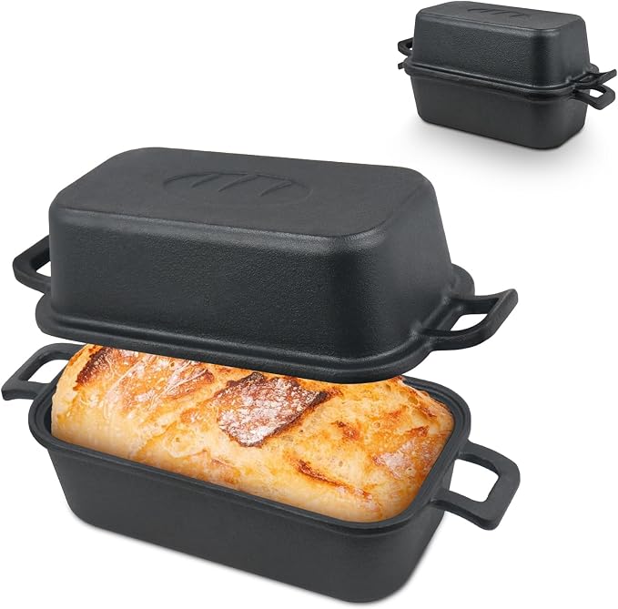 Demine Cast Iron Loaf Pan with Lid 9x5 Inch – Dutch Oven Bread Pan for Sourdough, Banana Bread, Meatloaf – Even Heat, Non-Stick, Oven Safe Baking Pans