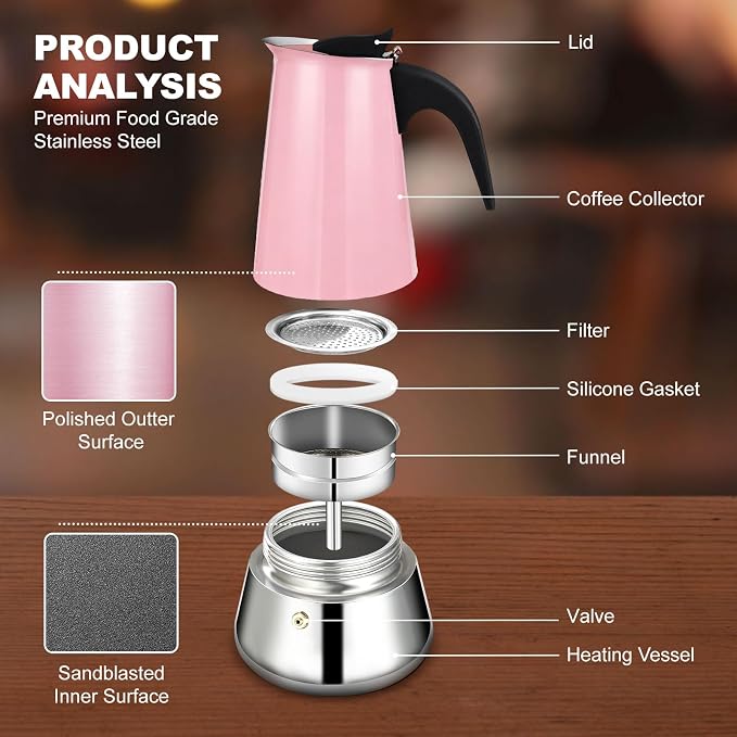 6 Cup Stovetop Espresso Maker Stainless Steel Moka Pot Stove Top Percolator Italian Coffee Makers Capable Mocha Greca Machine Cafe Classic Induction Cookers for Home and Camping 300ml 10oz