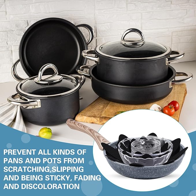 Queekay 36 Pcs Felt Pot Pan Protectors Dish Dividers Separators Bakeware Cookware Scratch Protectors Different Sizes, Thicker Pan Pads for Stacking Cookware Organizing Protecting(Black)