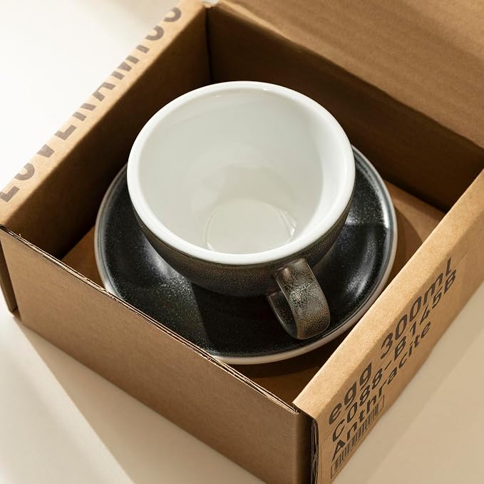 Loveramics Matt Cappuccino Cup, 10 oz Ceramic Latte Art Mug with Saucer, Thick-walled stoneware cup Set, Barista Latte Cup Set for Latte, Cappuccino, Tea - Mineral Colors (Anthracite, 10OZ)