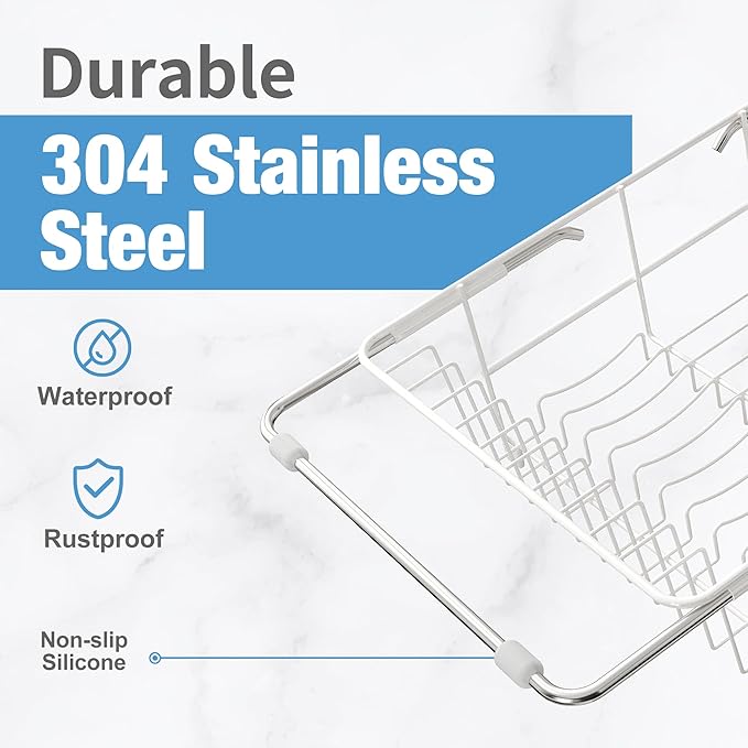 JASIWAY White Dish Drying Rack in Sink with Mat, Expandable Stainless Steel Dish Drainers for Kitchen Counter, Space Saving Dish Dryer for Inside Sink, Over Sink Dish Racks with Utensil Holder