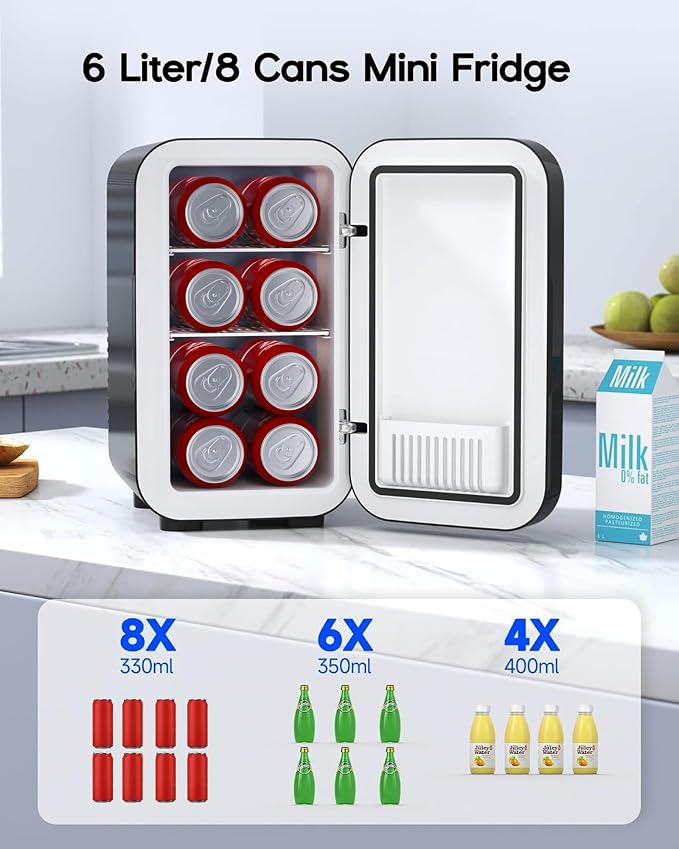 BEICHEN Mini Fridge, 6 Liter / 8 Can Small Refrigerator for Bedroom, Car, Office & Dorm, 110V AC/DC Portable Thermoelectric Cooler & Warmer for Skincare, Food, Drinks, Black