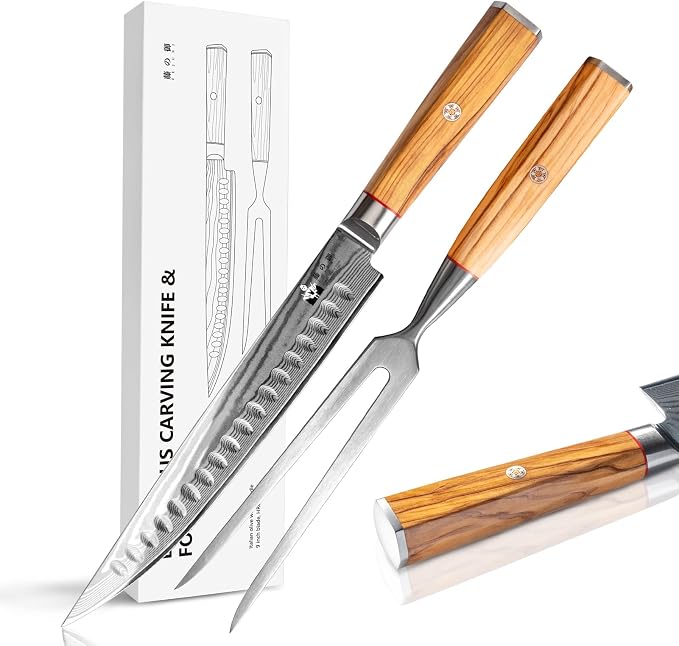 Carving Knife and Fork Set for Meat Turkey - Set of 2 with 9 inch Damascus Slicing Carving Knife and 6 inch Fork - Damascus VG10 Steel 67-Layer - Natural Olive Wood Handle- Exquisite Box