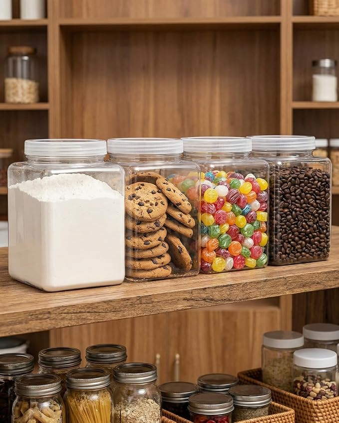 Plastic Storage Jars, 4 Pack Square Wide Mouth Containers with Screw Cap Lids, Transparent Moisture Proof Food Canisters, Clear Pantry Storage Jars (5.1 x 5.1 x 6.3 Inches)