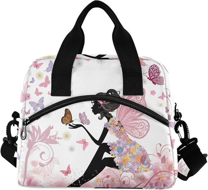 OREZI Lunch Bag for Girls Women,Flower Fairy Pink Butterflies Lunch Box Container with Detachable Shoulder Strap,Insulated Lunch Coolers for School Office