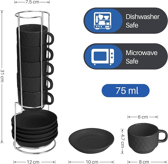 MIAMIO - 6 x 2.5 oz Stoneware Espresso Mug, Cup Set Modern with Stand and Saucers - Palmanova Collection (Black)
