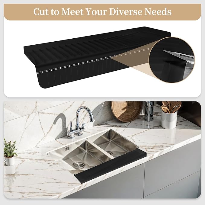 Sink Edge Protector with Suction Cup, 14" x 4", Silicone Sink Splash Guard for Kitchen & Bathroom, Protect Countertop from Scratches, Stains, for Stainless Steel Granite Quartz, Black