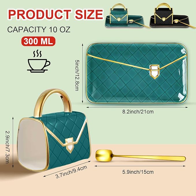 Zubebe 2 Set Coffee Mug Elegant Handbag Shaped Cup Modern Ceramic Purse Mug with Spoon and Saucer, 10oz Cute Creative Tea Cup for Woman Girls Gift (Dark Green,Black)