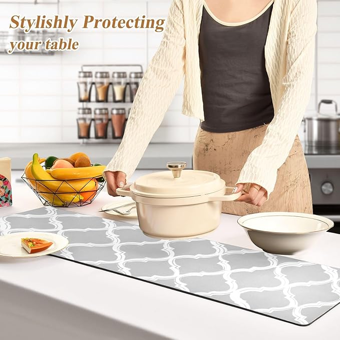 2 in 1 Table Runner Trivet for Hot Pots and Pans Heat Resistant Non Slip Waterproof 39 x 12 Inch Decorative Table Protector for Kitchen Countertop Silver Minimalist Quatrefoil