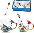 Tea Cup Glass Coffee Mugs,Fancy Tea Cup Set Birthday Christmas Valentine's Day Gift Idea for Tea Lover and Women Novelty Coffee Mugs Rose Flower Enamel Cup with Spoon (Blue & red rose cup)