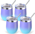 Volhoply 12oz Stainless Steel Wine Tumbler with Lid Bulk 4 Pack,Double Wall Vacuum Stemless Wine Glasses,Reusable Metal Travel Coffe Mug with Straw,Insulated Cup Gifts for Christmas（Purple Bule,4 Set）