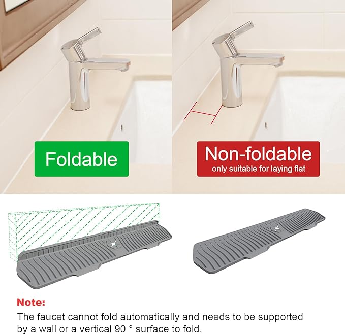 Sink Drain Mat Behind Faucet,Faucet Guard Draining Mat, 90° Foldable Tap Draining Mat for Kitchen Sink with 2 Water Ports, Faucet Drain Mats for Kitchen, Bathroom, etc (Gray, 29.5"*6.1")