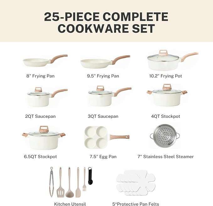 HealSmart 25Pcs Ceramic Cookware Set, Non-Toxic Nonstick Cooking Pots & Pans with Heat Resistant Grips, Complete Induction Compatible Kitchen Kit Including Multi-Size Frying Pans, Beige
