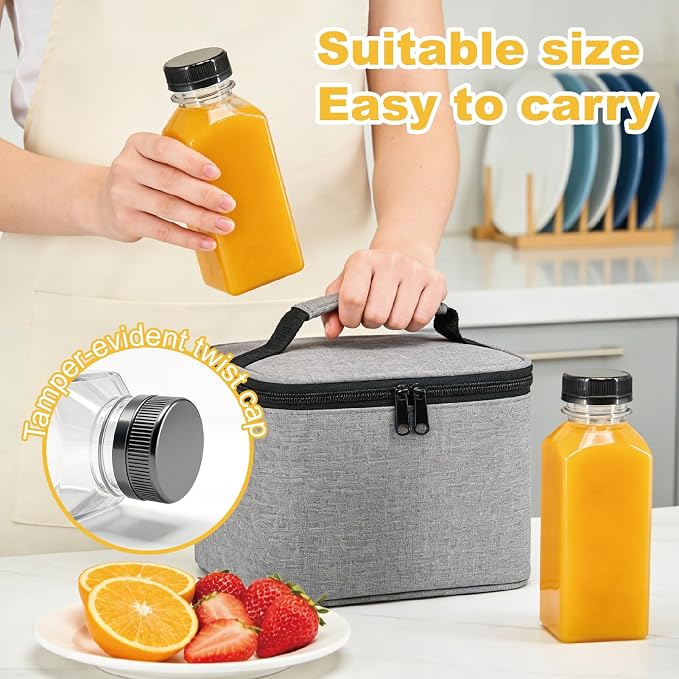 12 Pack 12oz Clear Reusable Plastic Juice Bottles with Caps, Food Grade BPA-Free Leak Proof Juicing Containers with 12 Labels & brush& Silicone Funnels for Homemade Juice, Smoothies & Travel