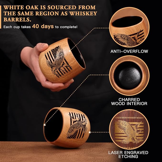 Charred Oak Wooden Bourbon Drinking Glass 2-Pack, 11oz Handcrafted Whiskey Glasses, Wooden Old Fashioned Glass, Perfect Bourbon Gifts for Men, Dad, Brother & Whiskey Enthusiasts