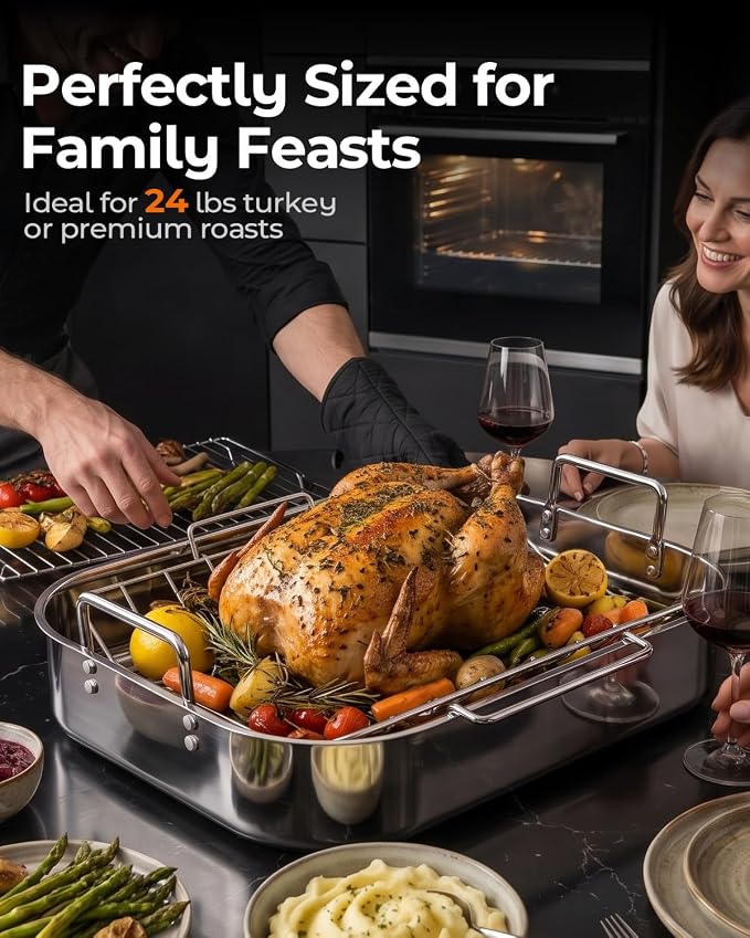 Stainless Steel Roasting Pan with Rack, Heavy-Duty Turkey Roasting Pan for Oven, Includes Two Bakinng Rack Insert, Perfect for Holiday Turkey & Everyday Meal Prep, Fits Up to 24 lbs Turkey