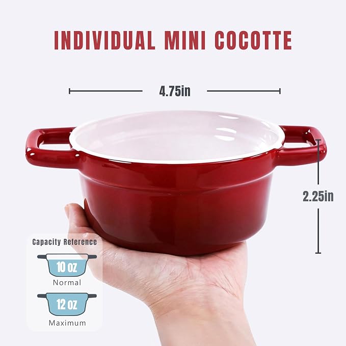 Lareina Mini Cocotte - 12oz Ceramic Casserole Dishes - Kitchen Casserole Sets With Handles And Lid - Small Baking Ramekins - Oven, Microwave & Dishwasher Safe - Set of 4 - Red