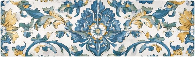 2 in 1 Table Runner Trivet for Hot Pots and Pans Heat Resistant Non Slip Waterproof 39 x 12 Inch Decorative Table Protector for Kitchen Countertop Floral Blue and Yellow Tile