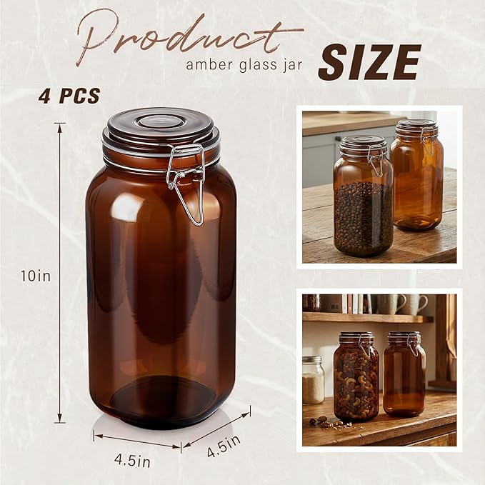 Norme 4 Pack 78oz Amber Airtight Glass Jars with Lids, Square Food Storage Container Airtight Food Wire Clip Fastening for Sauerkraut Flour Kitchen Sugar Cereal Kitchen Canning Pickling Mason Jars