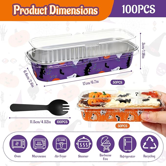 100Pack Halloween Mini Cake Pans Disposable Mini Loaf Pans with Lids and Spoons, 6.8Oz Aluminum Foil Pans Tins, Individual Dessert Cups Containers for Sales,Party,Picnics