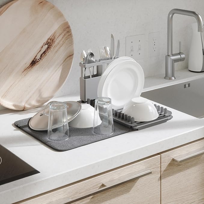 HomeStock Over Sink Dish Rack & Drying Mat - 16 Slot Organizer, Utensil Caddy, Compact Storage