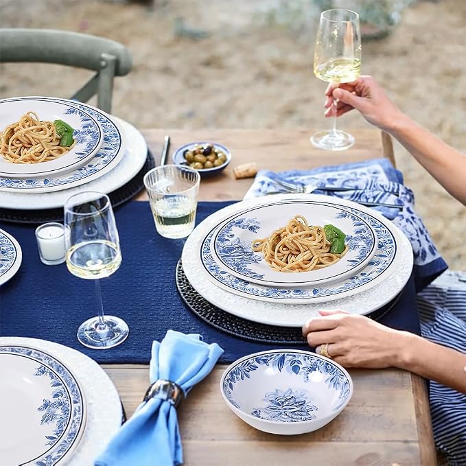 Melamine Dinnerware Sets-12pcs Floral Dinnerware Set Service for 4, Blue White Plates and Bowls Sets, Dishwasher Safe, Break-resistant, Outdoor Camping Picnics Use, Reusable, Traditional Flower