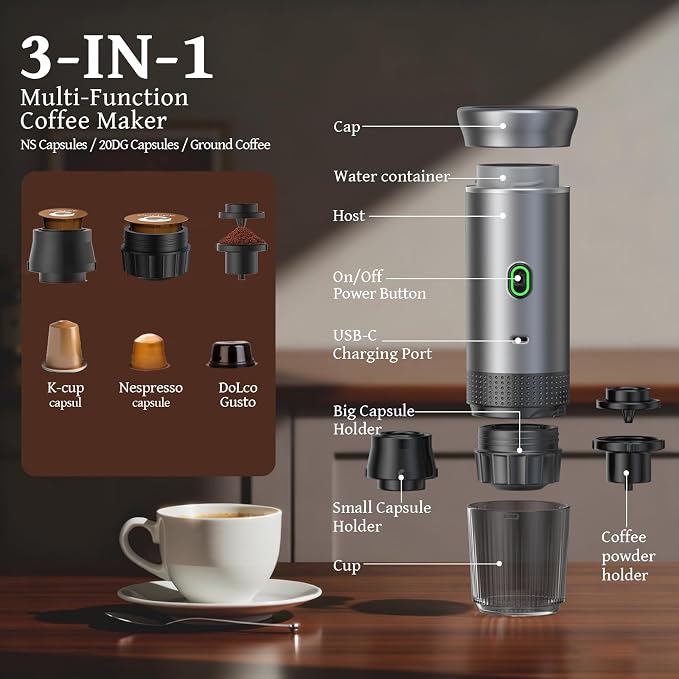 Portable Espresso Machine for Travel, Travel Coffee Maker 20-Bar Extraction, 150 ML，Coffee Maker Self-Heating with USB-C, Compatible with Ground Coffee & NS Capsule for Hiking and Camping (Green)