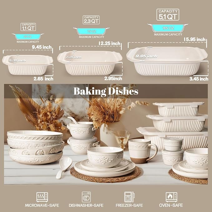 Artena Casserole Dishes For Oven, Ceramic Baking Dish, Large Lasagna Pan With Handles, Baking Pan Casserole Dish, Rectangular Bakeware Deep, Set Of 3 (5.1Qt/2.3Qt/1.1Qt) (White)