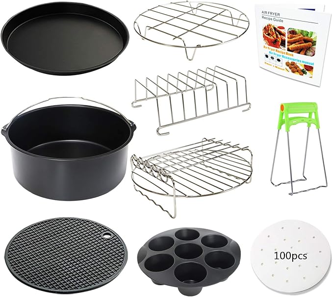 8 Inch Air Fryer Accessories Set of 10 for 3.5Qt-5.8Qt Phillips Nuwave Gowise Gourmia Ninja Dash Air Fryer, with Egg Bites Mold, Pizza Pan, Cake Barrel, Skewer Rack, Silicone Mat, Air Fryer Liners