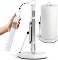 Stainless Steel Paper Towel Holder with Tension Arm and Spray Pump – One-Handed Tear, Smart Traction System, Heavy Duty Suction Cups, Weighted Base, Kitchen Towel Dispenser for Countertop Use (White)