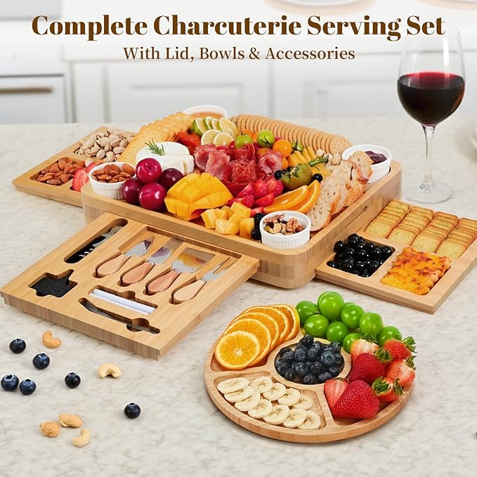 CAWIU Charcuterie Board with Lid – Large Bamboo Cheese Board Set with Utensils & Drawers – Housewarming, Wedding Gifts for Couples, Serving Tray with Cover (Cream)