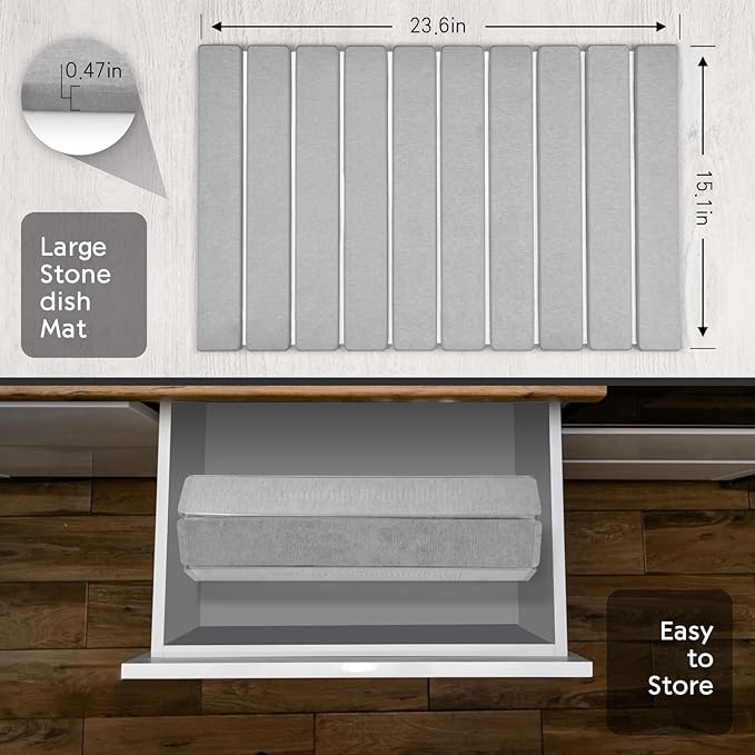 Large Stone Dish Drying Mat for Kitchen Counter, 24"(L)×16"(W), Collapsible Quick Dry Dish Drying Mat, Ultra Absorbent Diatomaceous Earth Mats for Dishes Bottles Cups, Match Any Countertop