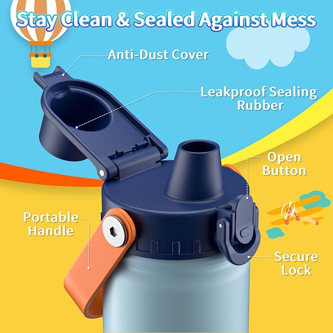 baab 20oz Kids Water Bottle, Insulated Kids Water Bottle with Lockable Spout Lid & Stickers, 18/8 Stainless Steel Vacuum Leakproof Kid Water Cup for Boy Girl & School (Navy Blue+Grey, 2 Pack)