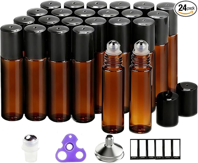 PrettyCare Set of 24, 10 ml Amber Glass Roller Bottles for Essential Oil with Stainless Steel Roller Ball - Refillable Leak-proof Empty Roll on Bottles with Black Caps for Travel, Perfume,Lab