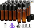PrettyCare Set of 24, 10 ml Amber Glass Roller Bottles for Essential Oil with Stainless Steel Roller Ball - Refillable Leak-proof Empty Roll on Bottles with Black Caps for Travel, Perfume,Lab