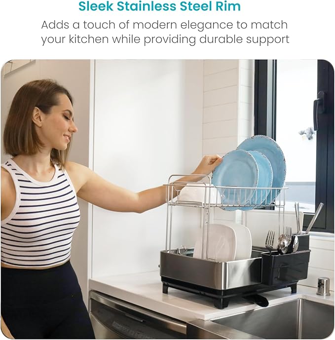 Home Zone Living Large 2-Tier Stainless Steel Dish Drying Rack with Drain Pipe and Utensil Holders