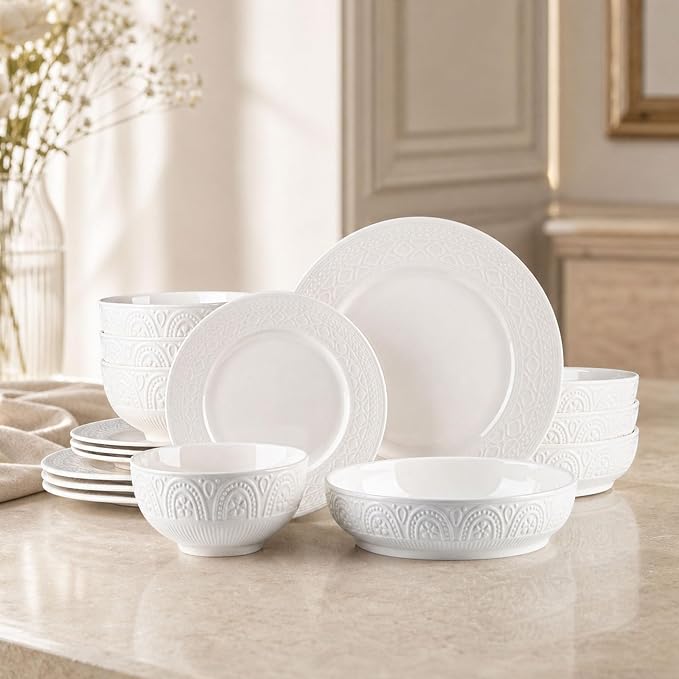16-Piece Ceramic Dinnerware Set for 4, Athens Palace Relief Dishes and Plates Sets, Includes Deep Pasta Bowls, Plates and Bowls, Elegant High-Temperature Reinforced Porcelain, White