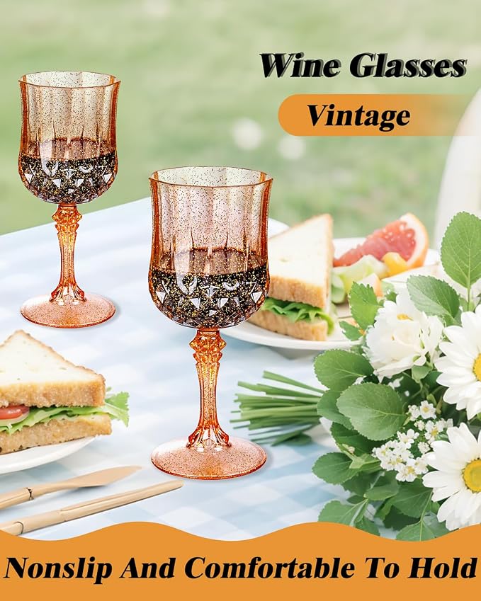 Ciaell 24PCS Amber Plastic Wine Glasses - 7 Oz Amber Vintage Drinking Glasses - Disposable Water Goblets Set for Party Wedding, Bar, Wine, Beer