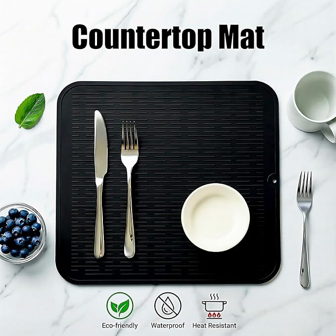 MicoYang Silicone Dish Drying Mat for Multiple Usage,Easy clean,Eco-friendly,Heat-resistant Silicone Mat for Kitchen Counter or Sink,Refrigerator or Drawer Liner Black XL 18 inches x 16 inches