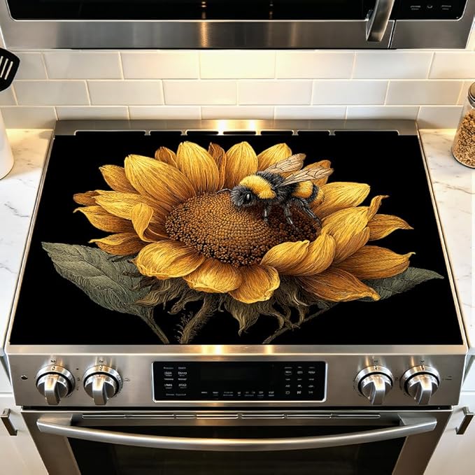Stove Top Cover for Electric Stove 28.4 x 20.5 Inch Non Slip Stove Mat Oil Proof Sunflower Bee Glass Cooktop Protector Kitchen Counter Mat