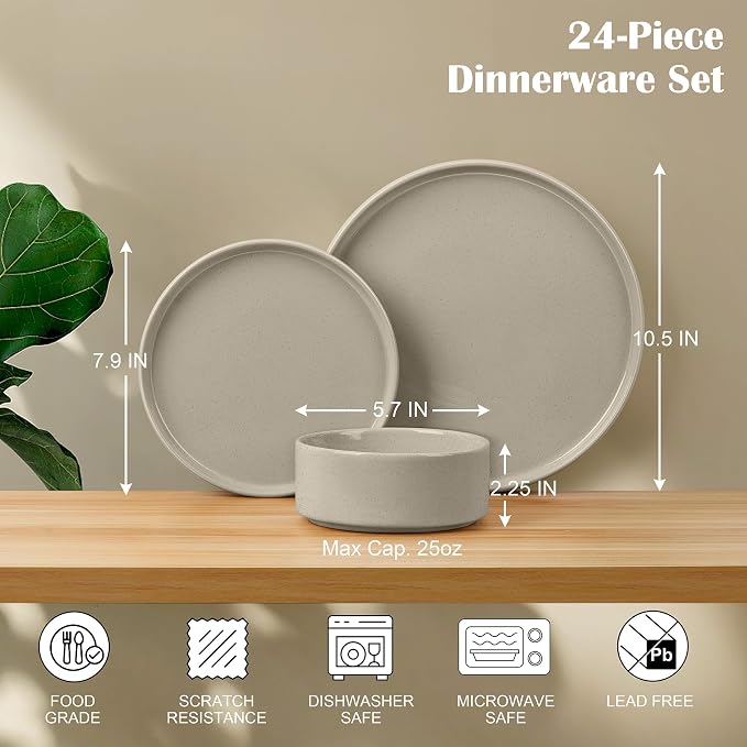 E-far Dinnerware Sets for 8, 24-Piece Stoneware Plates and Bowls Dish Set, Modern Kitchen Dinning Dishware, Chip and Scratch Resistant, Microwave & Dishwasher Safe, Speckled Khaki