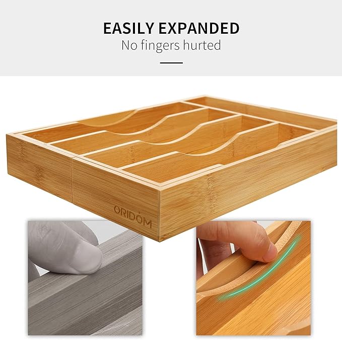 2-Piece Bamboo Silverware Organizer, Expandable Kitchen Drawer Organizer for Cutlery and Utensils, Multifunction Adjustable Bamboo Wood Cutlery Tray in Drawer for Flatware, (Natural)
