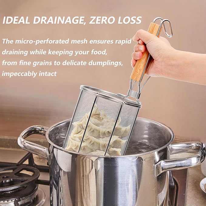 TOPZEA Spaghetti Pasta Strainer Spoon, Stainless Steel Noodle Strainer with Wood Handle, Kitchen Mesh Spider Strainer Food Strainer, Deep Fry Basket for Rinsing, Straining, Draining