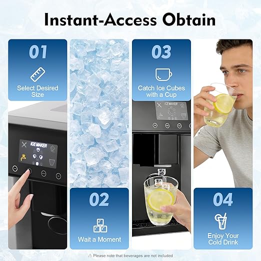 Nugget Ice Maker Countertop, 2-in-1 Electric Ice Dispenser Ice Water Maker with Self-Cleaning, 33lbs/Day Self Dispensing Bullet Head Round Fast Ice Machine for Home Office Cafes, 1.32lbs Storage