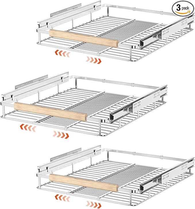 SANNO Expandable Pull Out Cabinet Organizer,Slide Out Pantry Shelf for Kitchen Cabinet or Under Sink,Extendable Width16.1 to 26.4" W,Chrome Finish,3Pack