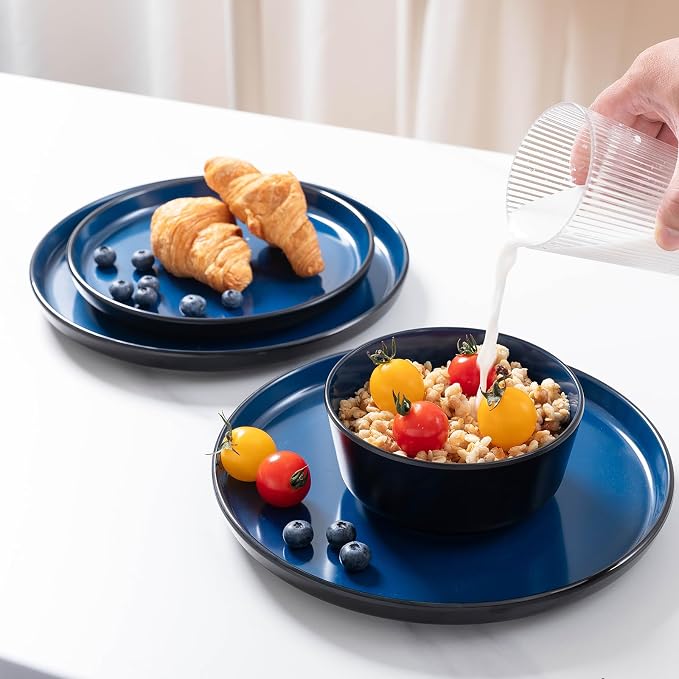 Melamine Dinnerware Sets, 12 Pcs Unbreakable Plates and Bowls Set, Outdoor Dinnerware RV and Camper Dishes Sets for 4, Kitchen Dishes Set for Entertaining, Black and Blue