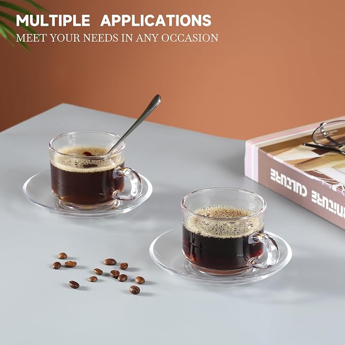 Glass Tea Cups and Saucers Set of 6, Clear Coffee Mugs with Stainless Steel Spoon, Dishwasher & Microwave Safe Teacups for Espresso Cappuccino Latte Tea Juice, 6OZ/180ML