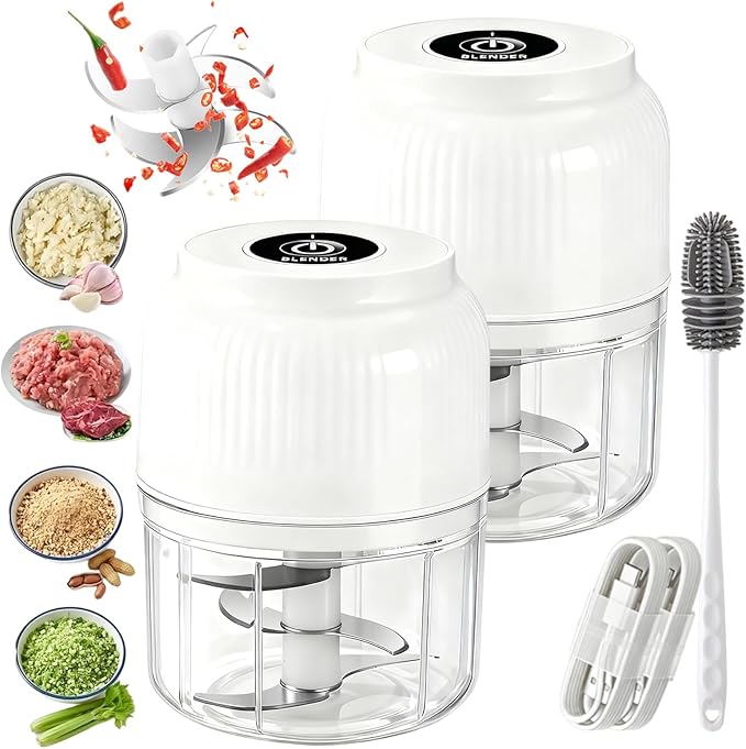 Electric Garlic Chopper, 320ML Mini Portable Veggie Chopper with 6 Sharp Blades, Rechargeable Electric Food Chopper Tool, Wireless Veggie Grinder, for Onions Ginger Chili Nuts Meat (White*2)
