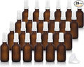 JUVITUS 2 oz / 60 ml Frosted Amber Glass Boston Round White Treatment Pump Empty Bottle Containers (24 pack) + Funnel